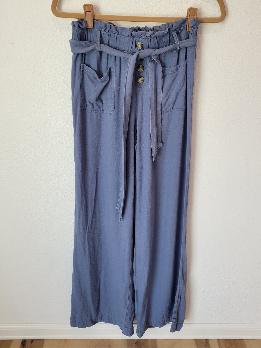 Happily Grey Womensâ M Blue Linen Blend Paperbag Wide Leg Tie Waist Pants
